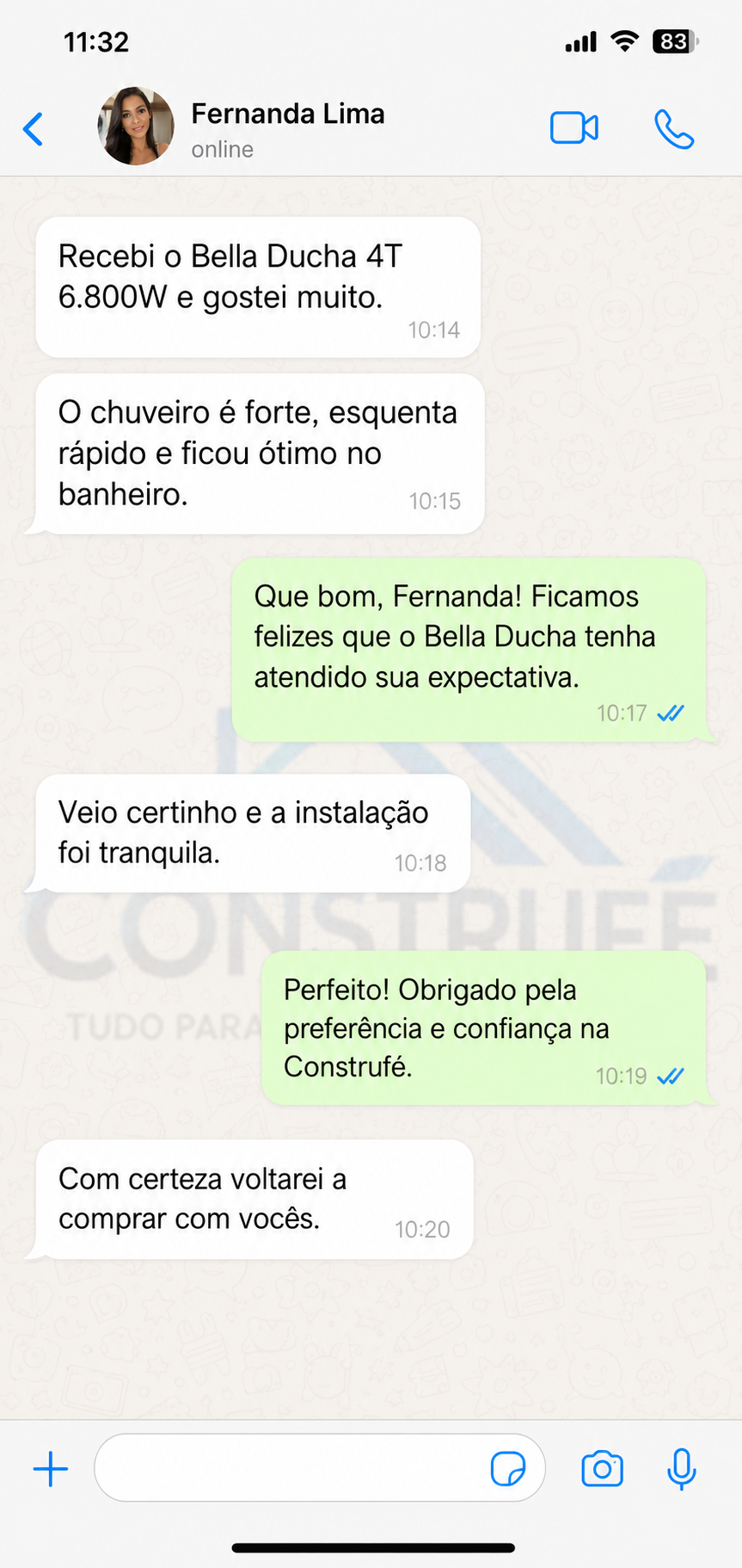 Conversa de WhatsApp com Fernanda Lima sobre Chuveiro Bella Ducha 4T