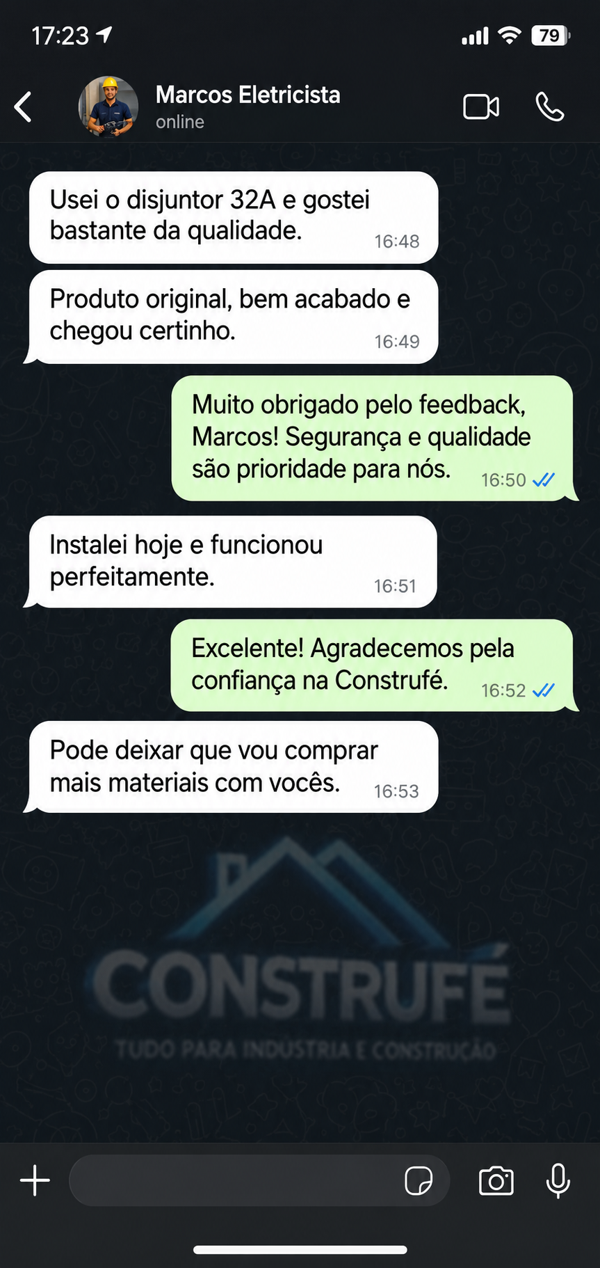 Conversa de WhatsApp com Marcos Eletricista sobre Disjuntor Steck 32A